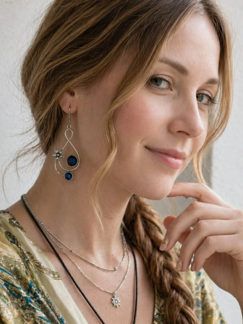 925 Sterling Silver Blue Tanzanite Floral Teardrop Dangle Earrings Boho 2.7